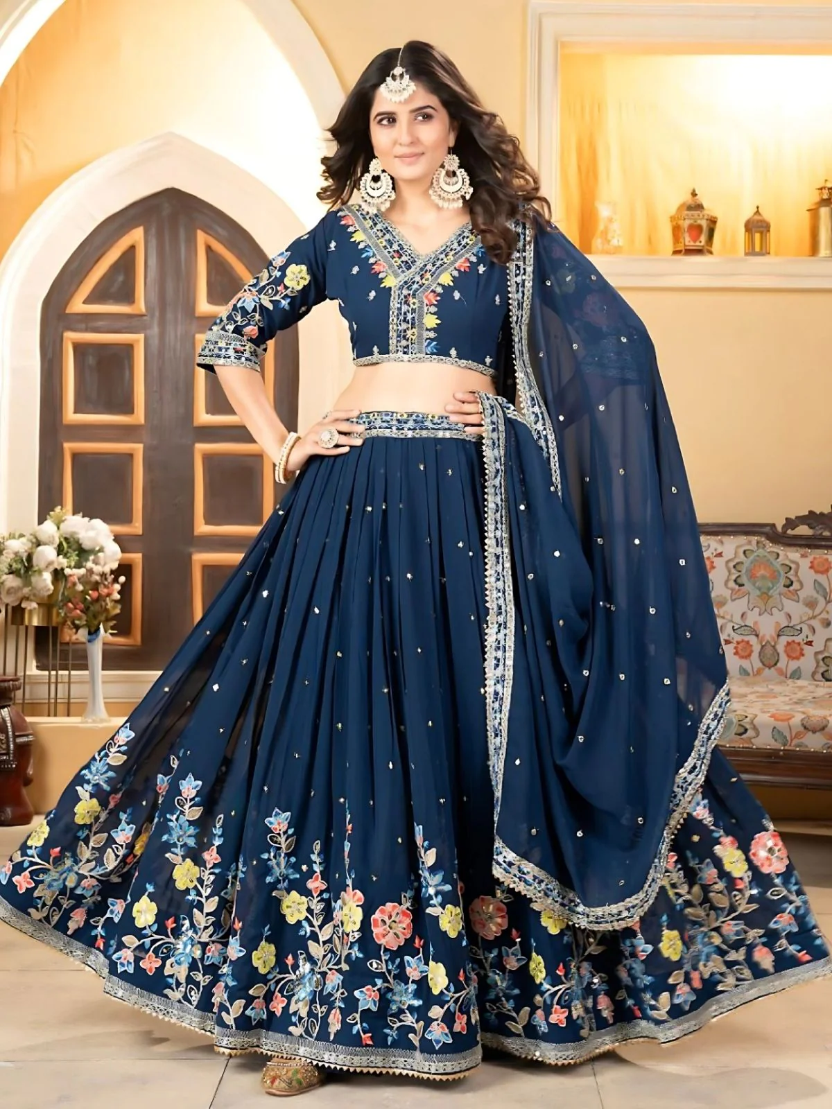 Odette  Blue Georgette Embroidered Semi-Stitched Lehenga For Women - Image 2