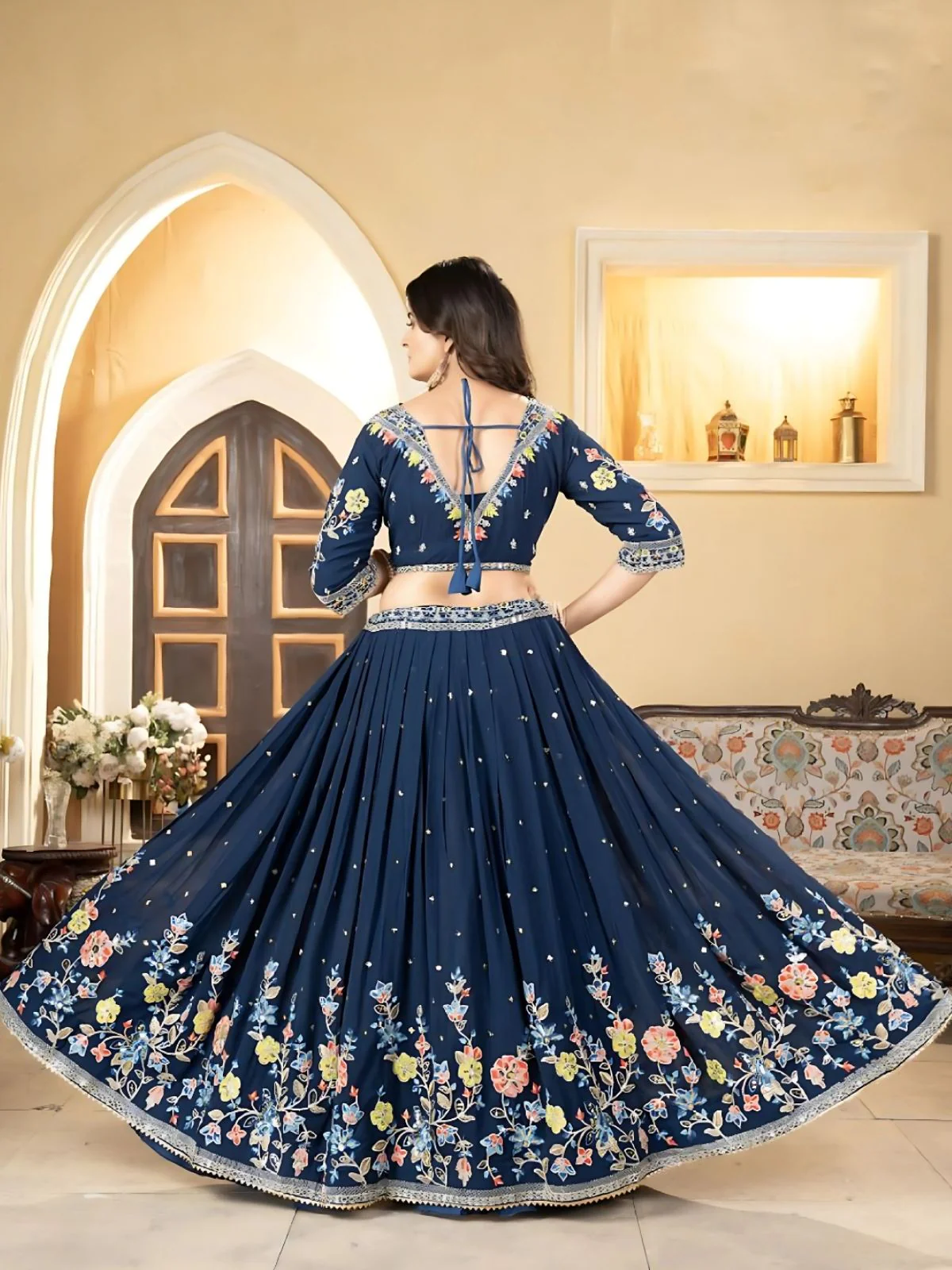 Odette  Blue Georgette Embroidered Semi-Stitched Lehenga For Women - Image 3