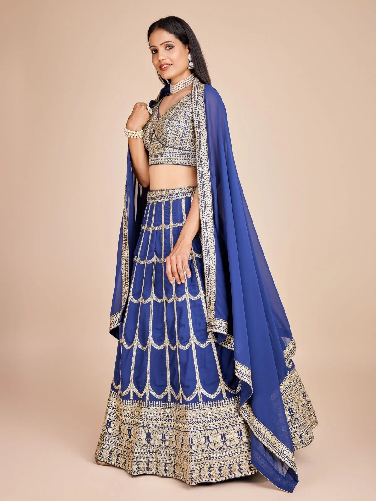 Odette Blue Georgette Embroidered Semi-Stitched Lehenga For Women - Image 3