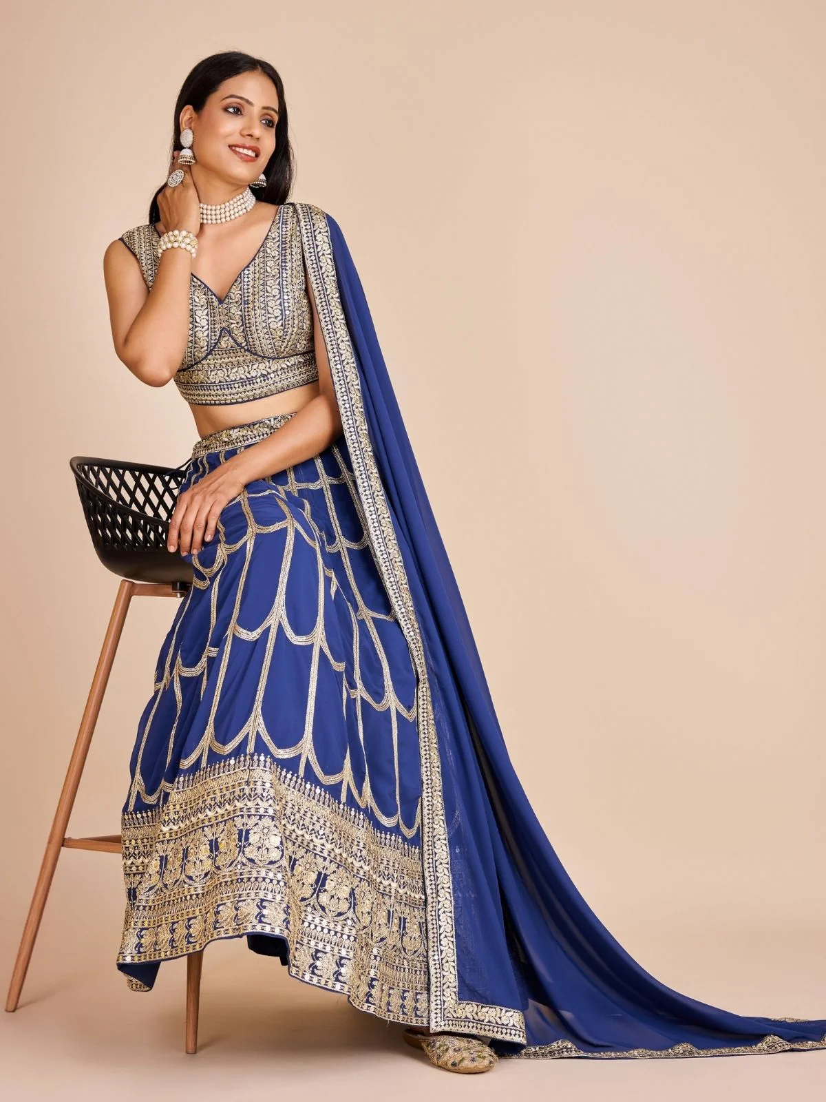 Odette Blue Georgette Embroidered Semi-Stitched Lehenga For Women - Image 6