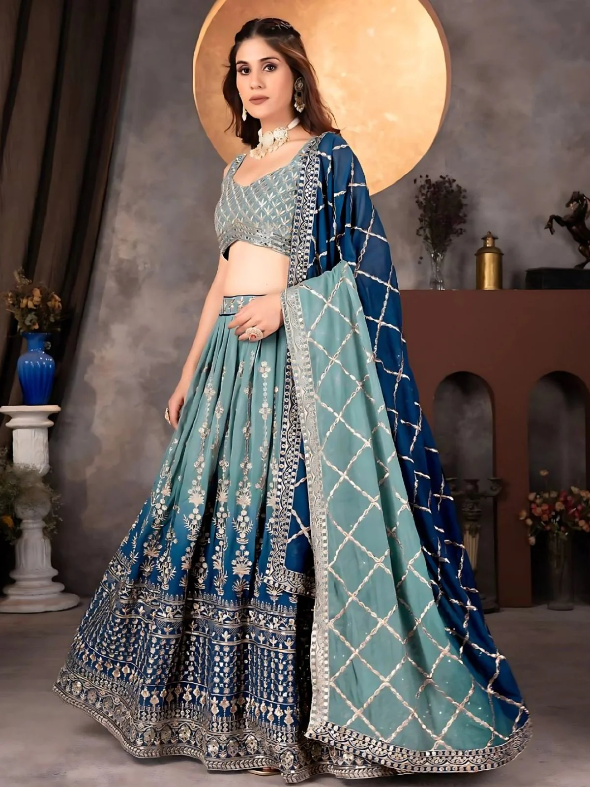 Odette Blue Georgette Embroidered Semi-Stitched Lehenga For Women - Image 3