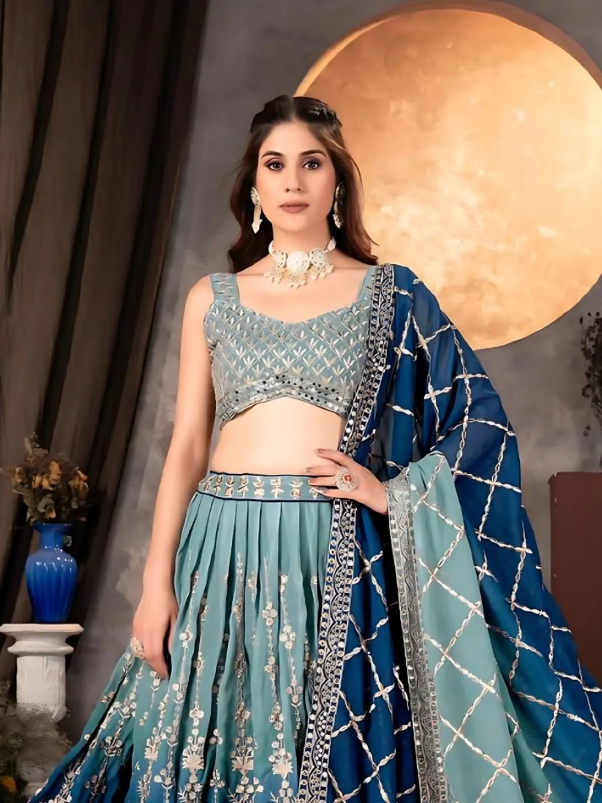 Odette Blue Georgette Embroidered Semi-Stitched Lehenga For Women - Image 4
