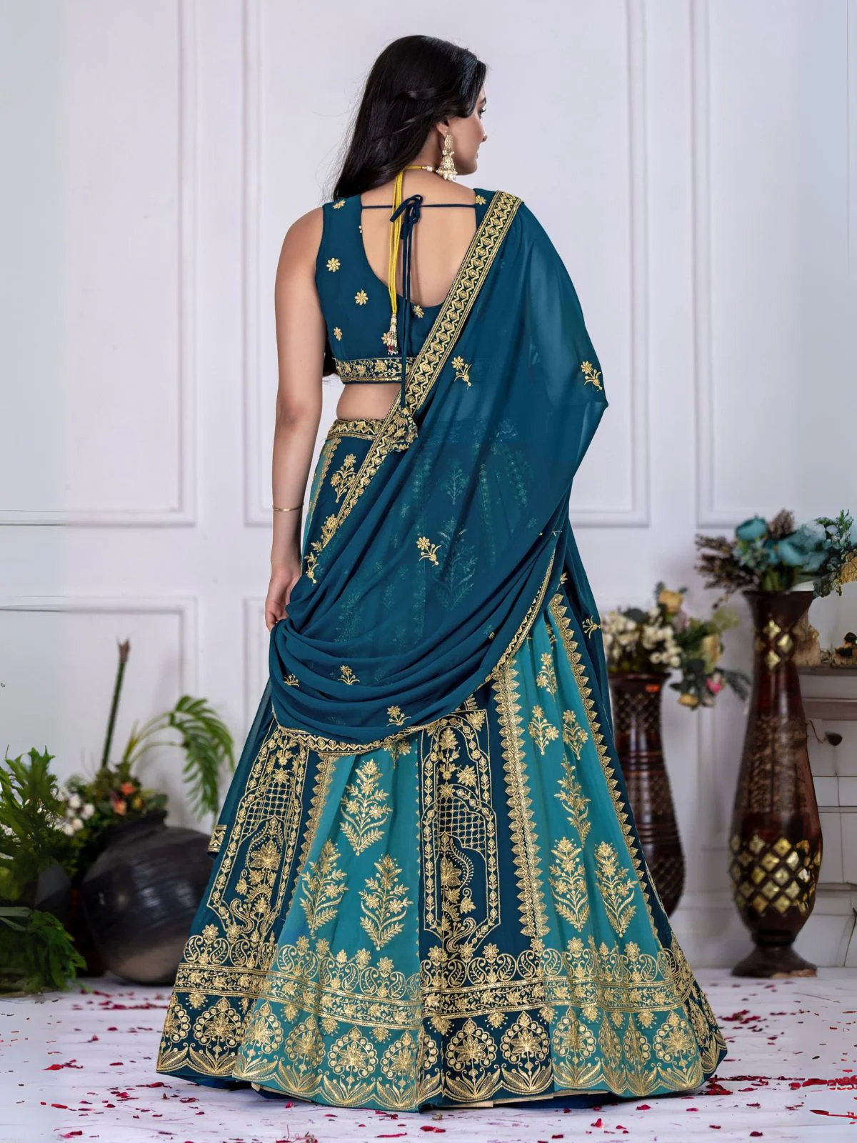 Odette Blue And Teal Georgette Embroidered Semi-Stitched lehenga For Women - Image 4