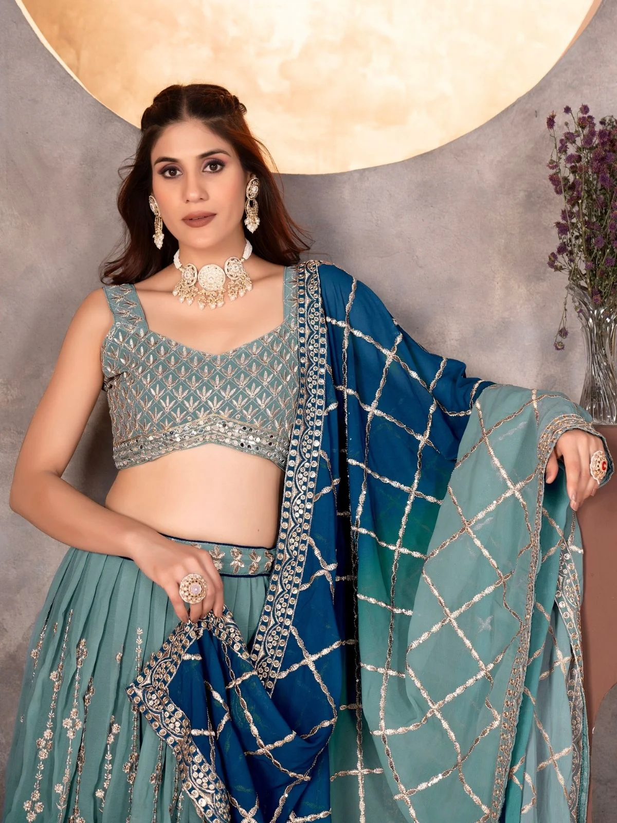 Odette Blue Georgette Embroidered Semi-Stitched lehenga For Women - Image 2