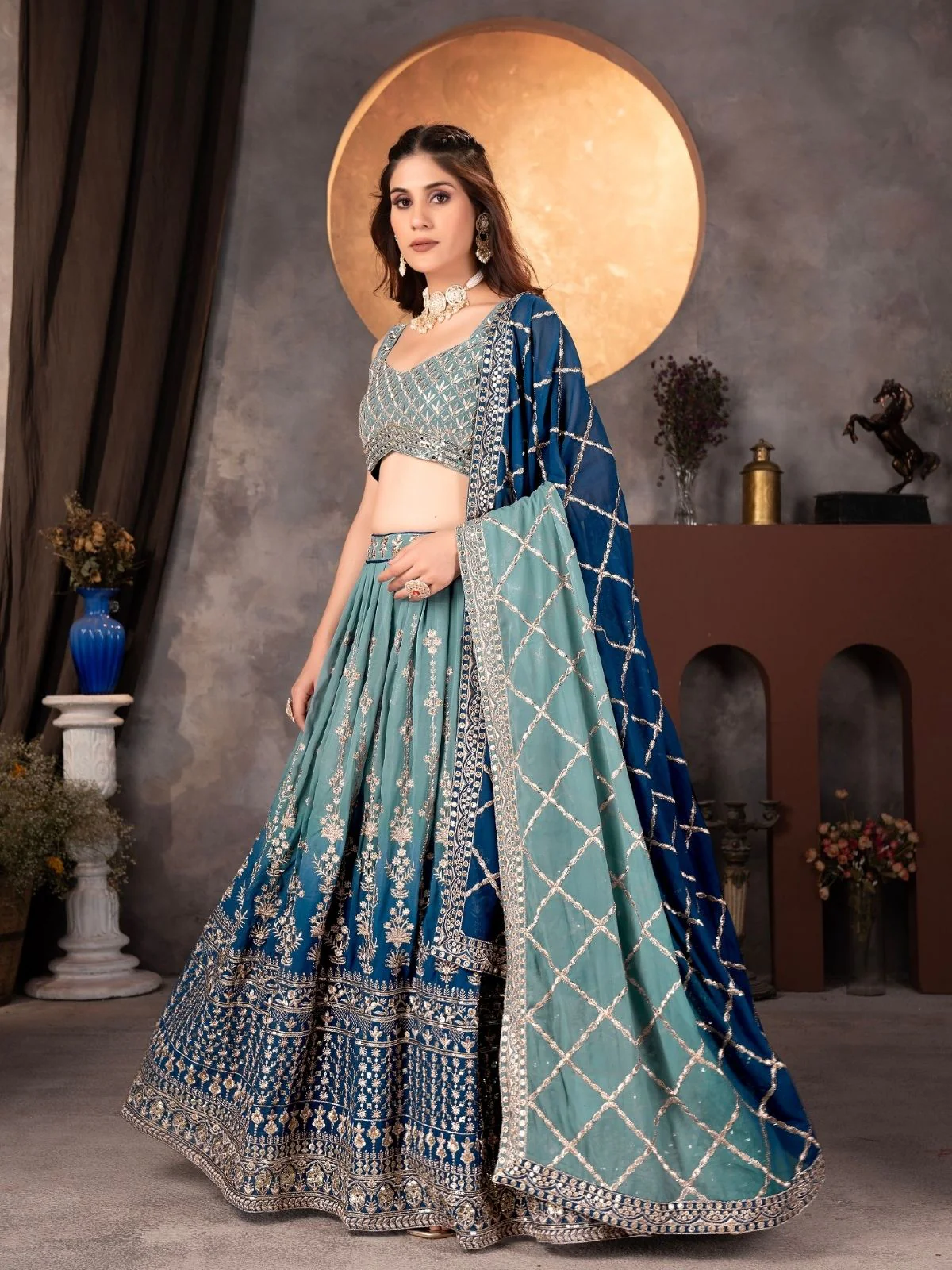 Odette Blue Georgette Embroidered Semi-Stitched lehenga For Women - Image 3