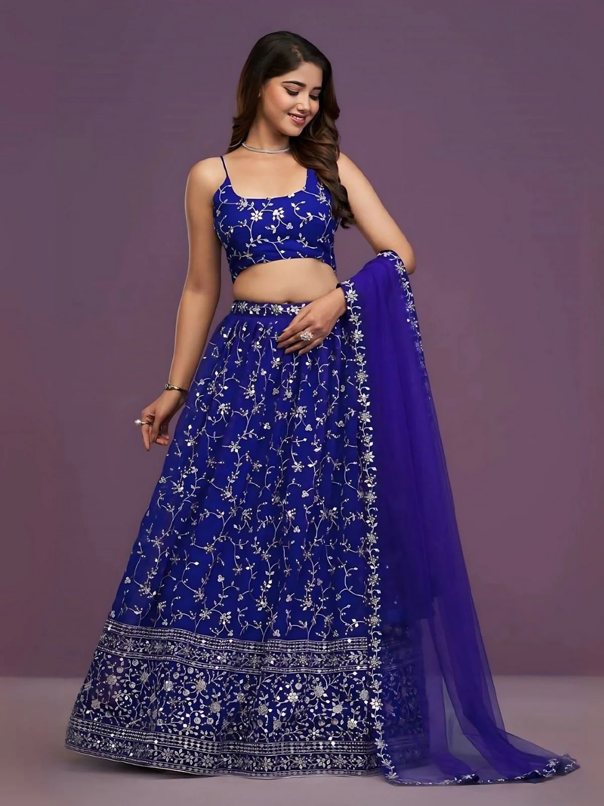Odette Blue Georgette Embroidered Semi-Stitched Lehenga For Women - Image 5