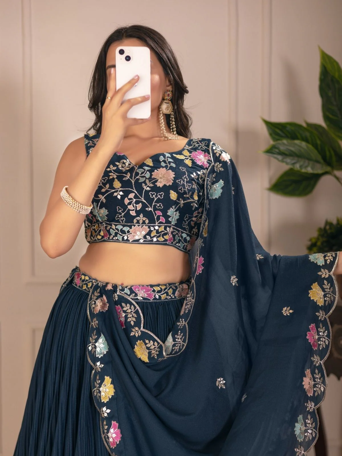 Odette Blue Georgette Embroidered Semi-Stitched lehenga For Women - Image 4