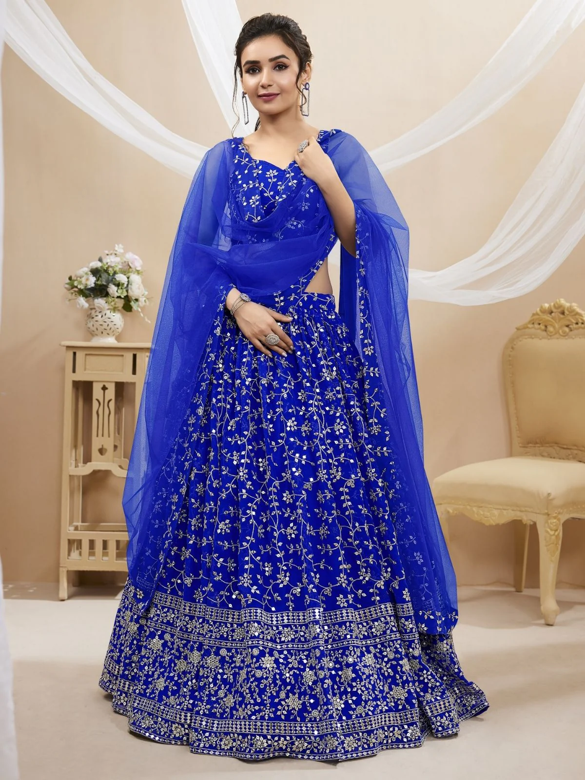 Odette Blue Georgette Embroidered Semi-Stitched Lehenga For Women - Image 3