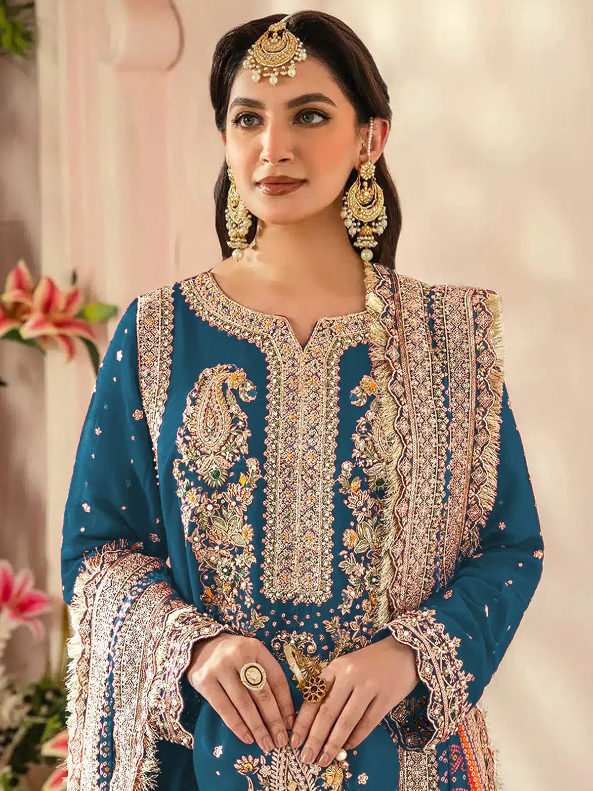 Odette Blue Georgette Embroidered Semi Stitched Salwar Suit For Women - Image 2