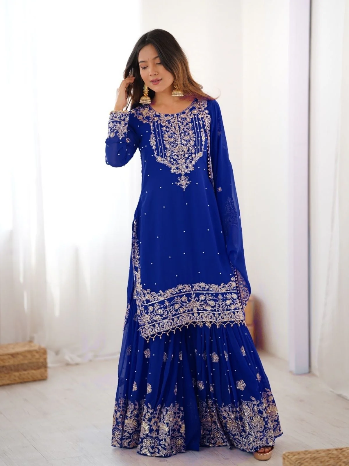 Odette Blue Georgette Embroidered Stitched Kurta Set For Women - Image 2