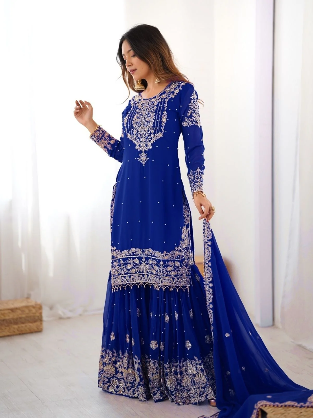Odette Blue Georgette Embroidered Stitched Kurta Set For Women - Image 4
