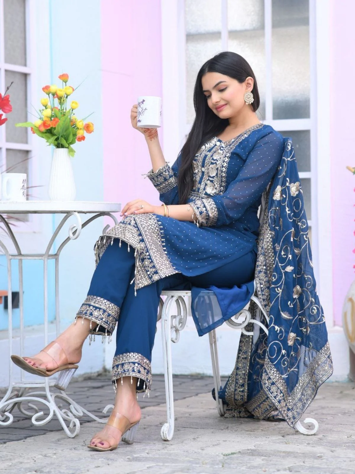 Odette Blue Georgette Embroidered Stitched Kurta Set For Women - Image 4