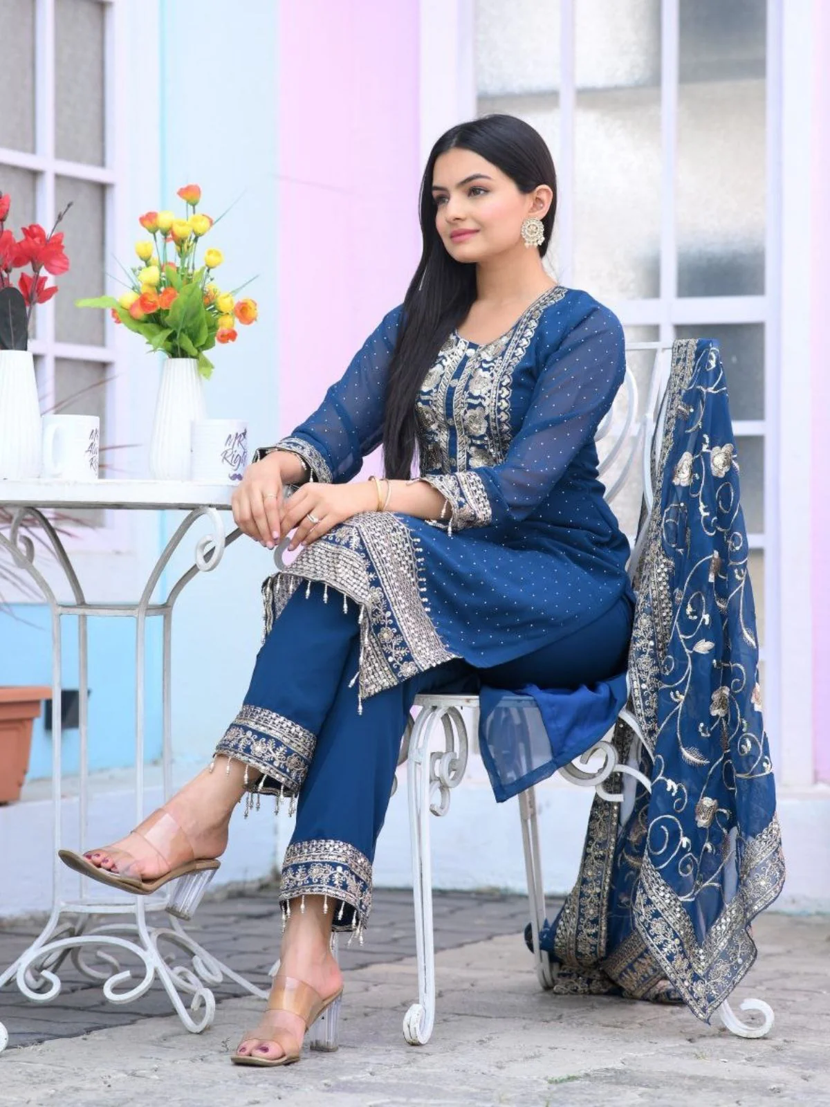 Odette Blue Georgette Embroidered Stitched Kurta Set For Women - Image 5