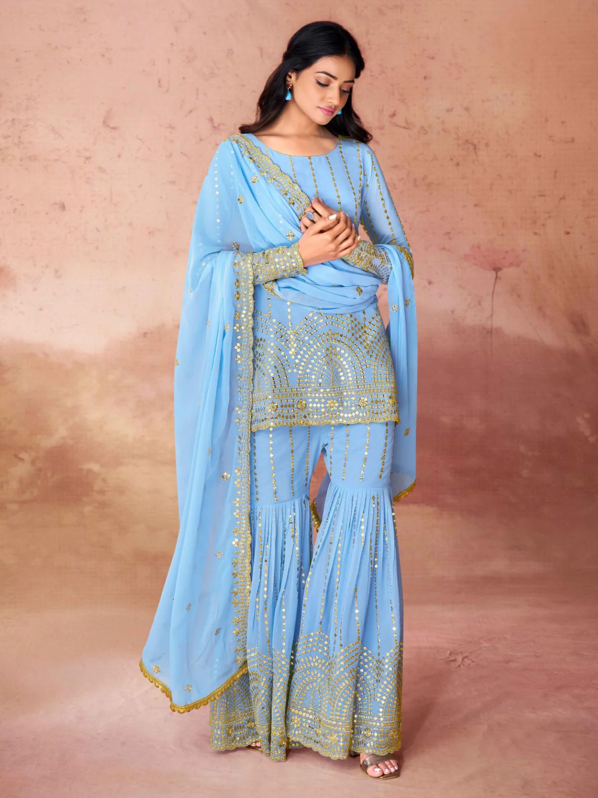 Odette Blue Georgette Embroidered Stitched Kurta Set For Women - Image 2