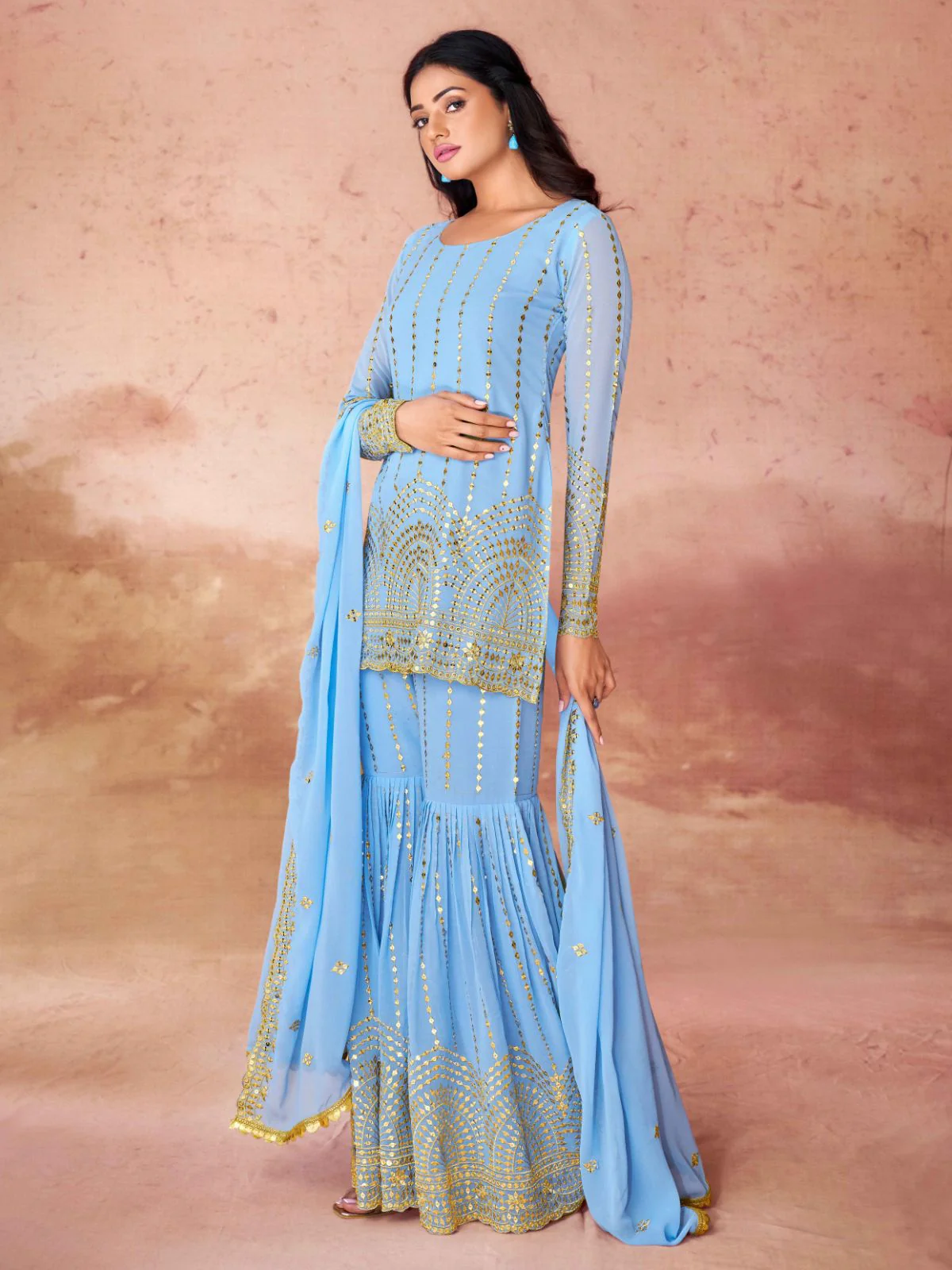 Odette Blue Georgette Embroidered Stitched Kurta Set For Women - Image 3