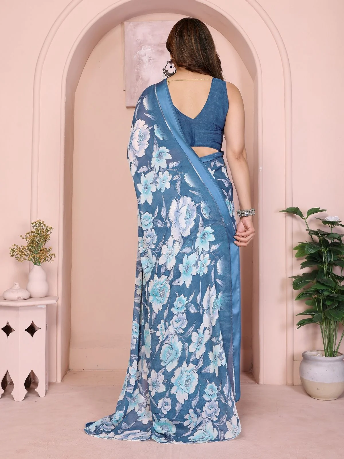 Odette Blue Georgette Floral Print Saree For Women - Image 3