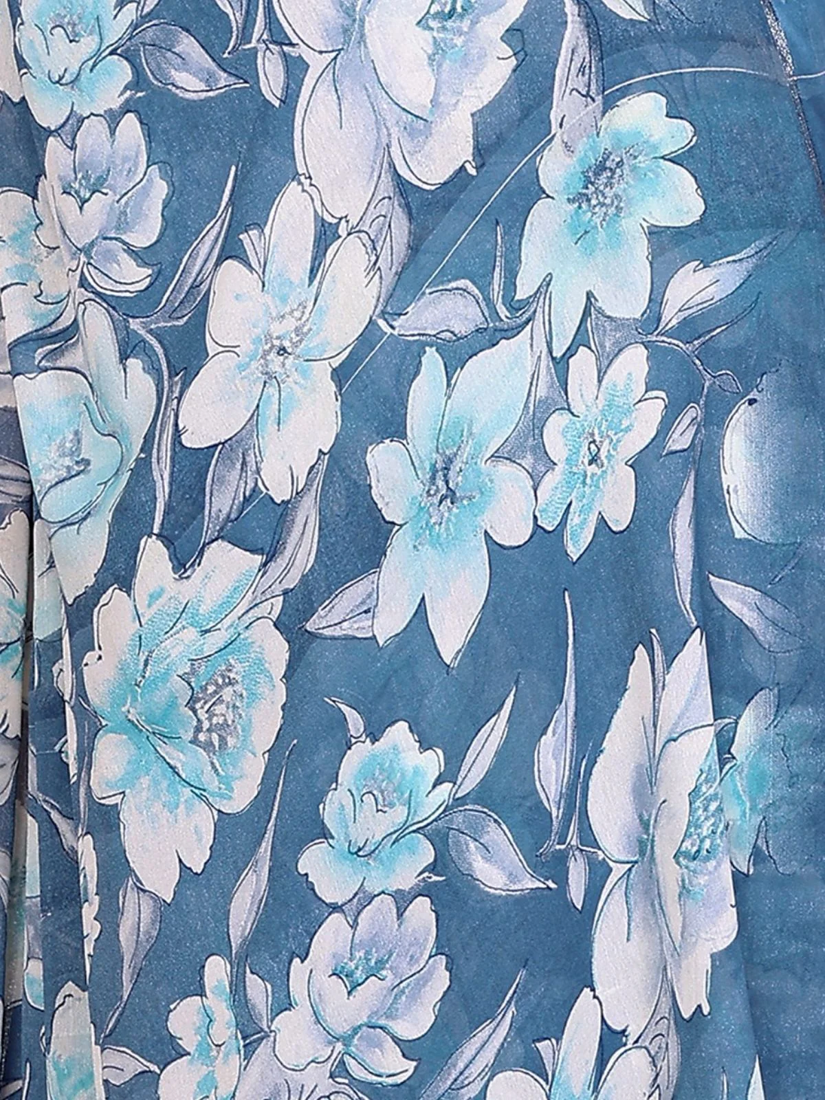 Odette Blue Georgette Floral Print Saree For Women - Image 5
