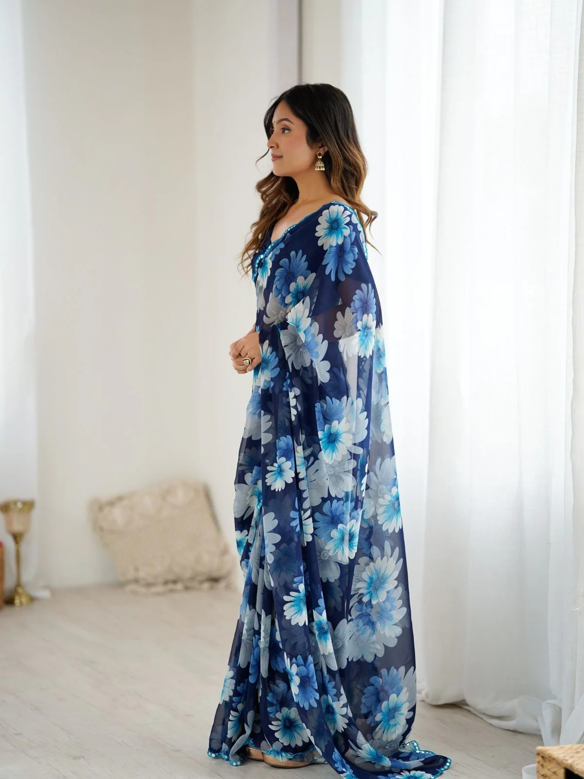 Odette Blue Georgette Floral Print Saree For Women - Image 2