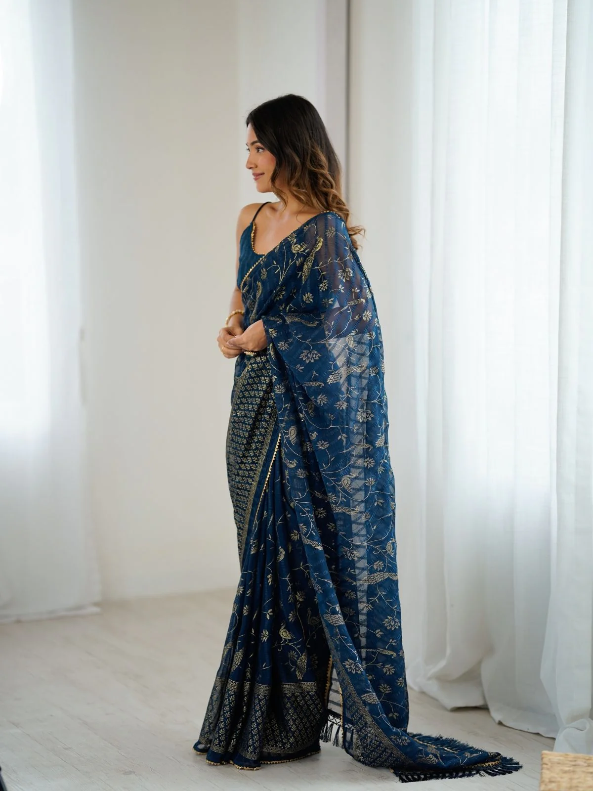 Odette Blue Georgette Peacock Motifs Saree For Women - Image 2