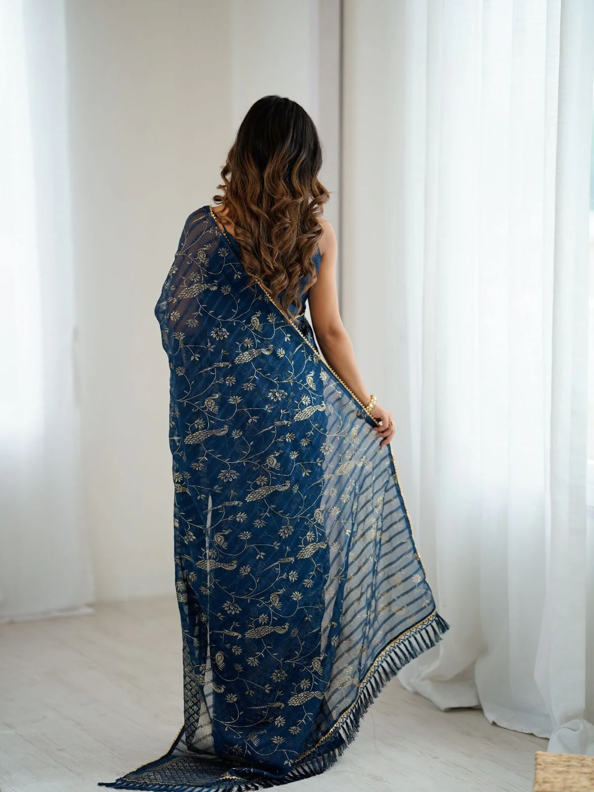 Odette Blue Georgette Peacock Motifs Saree For Women - Image 3