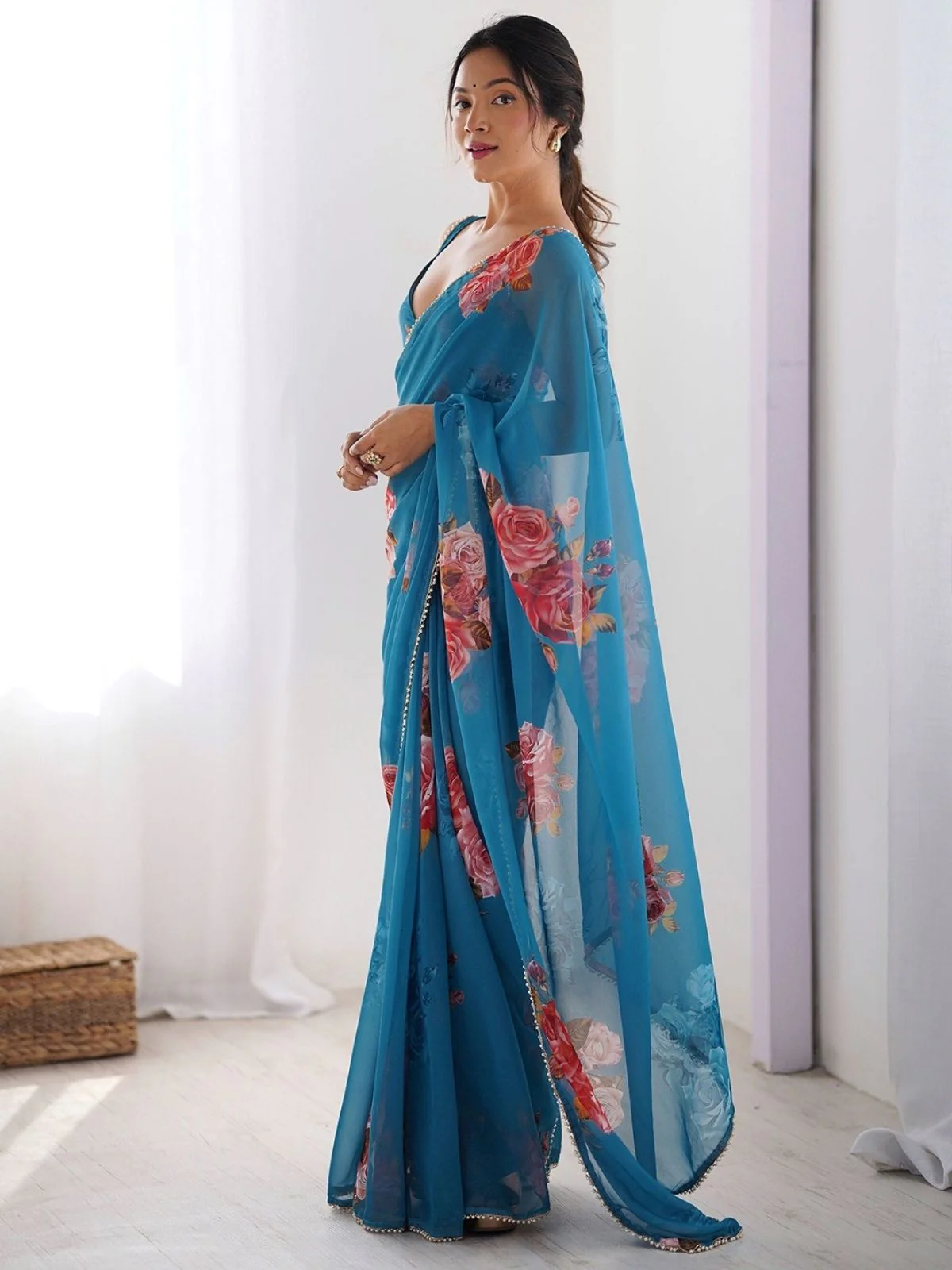 Odette Blue Georgette Printed Saree For Women - Image 2