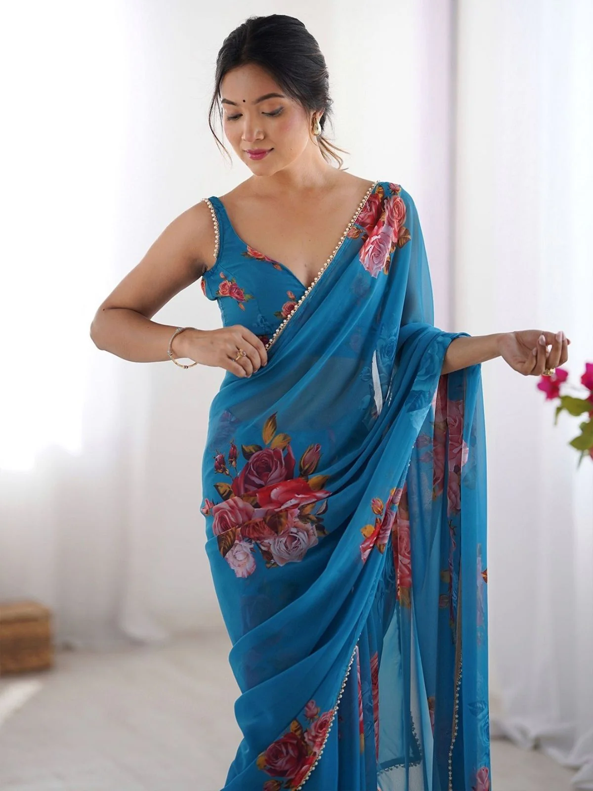 Odette Blue Georgette Printed Saree For Women - Image 4