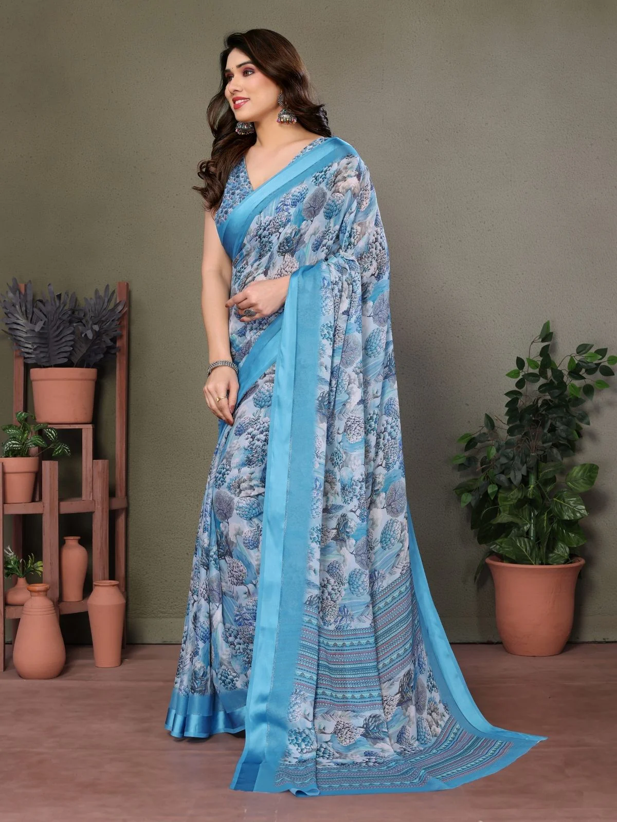 Odette Blue Georgette Printed Saree For Women - Image 2
