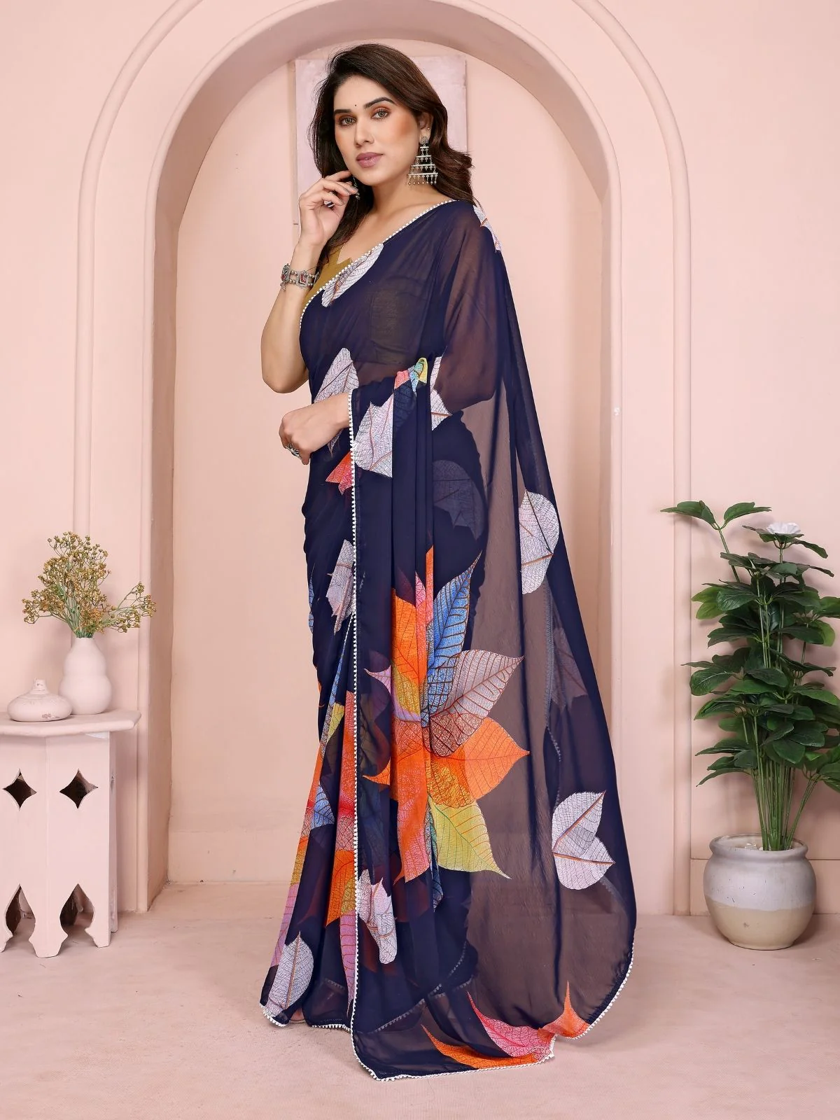 Odette Blue Georgette Printed Saree For Women - Image 2
