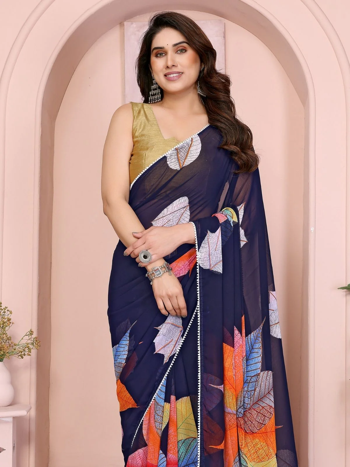 Odette Blue Georgette Printed Saree For Women - Image 4