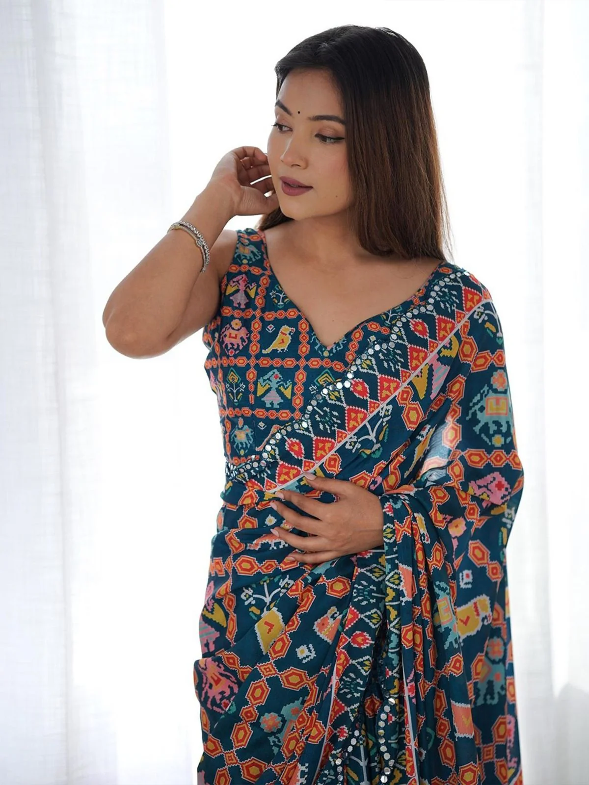 Odette Blue Georgette Printed Saree For Women - Image 3