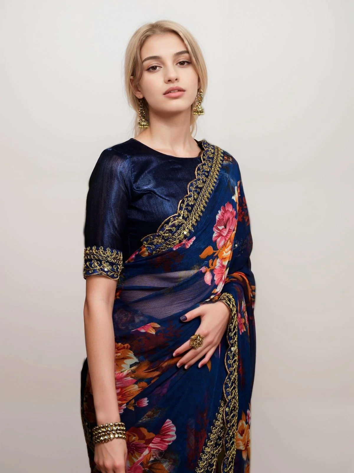 Odette Blue Georgette Printed Saree For Women - Image 2