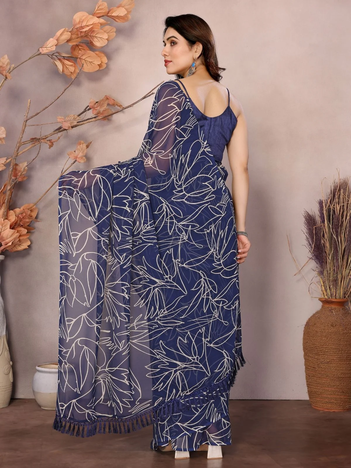 Odette Blue Georgette Printed Saree With Unstitched Blouse For Women - Image 3