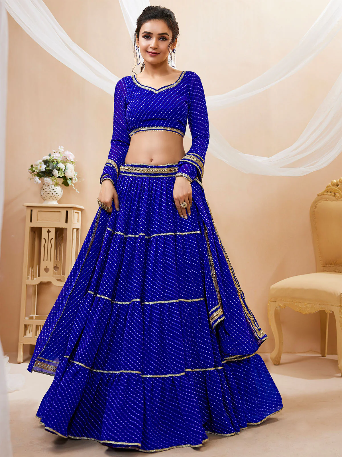 Odette Blue Georgette Printed Semi Stitched Lehenga With Unstitched Blouse For Women - Image 2