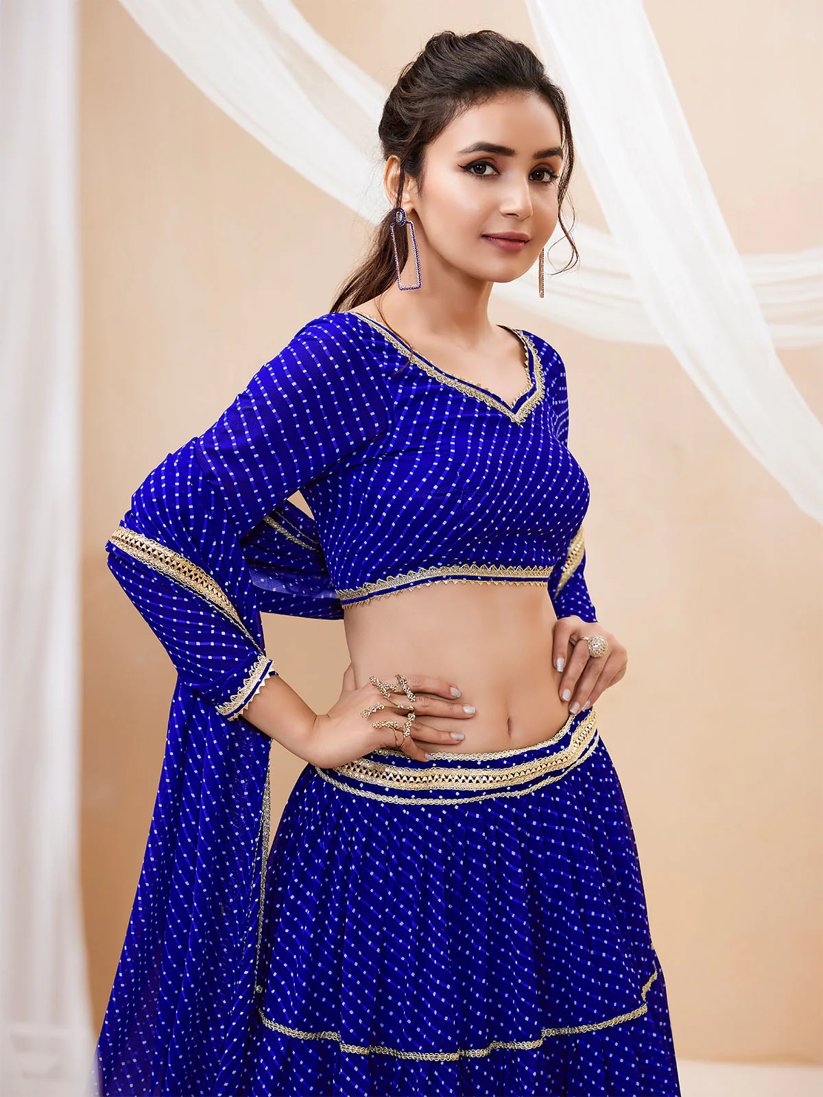 Odette Blue Georgette Printed Semi Stitched Lehenga With Unstitched Blouse For Women - Image 4