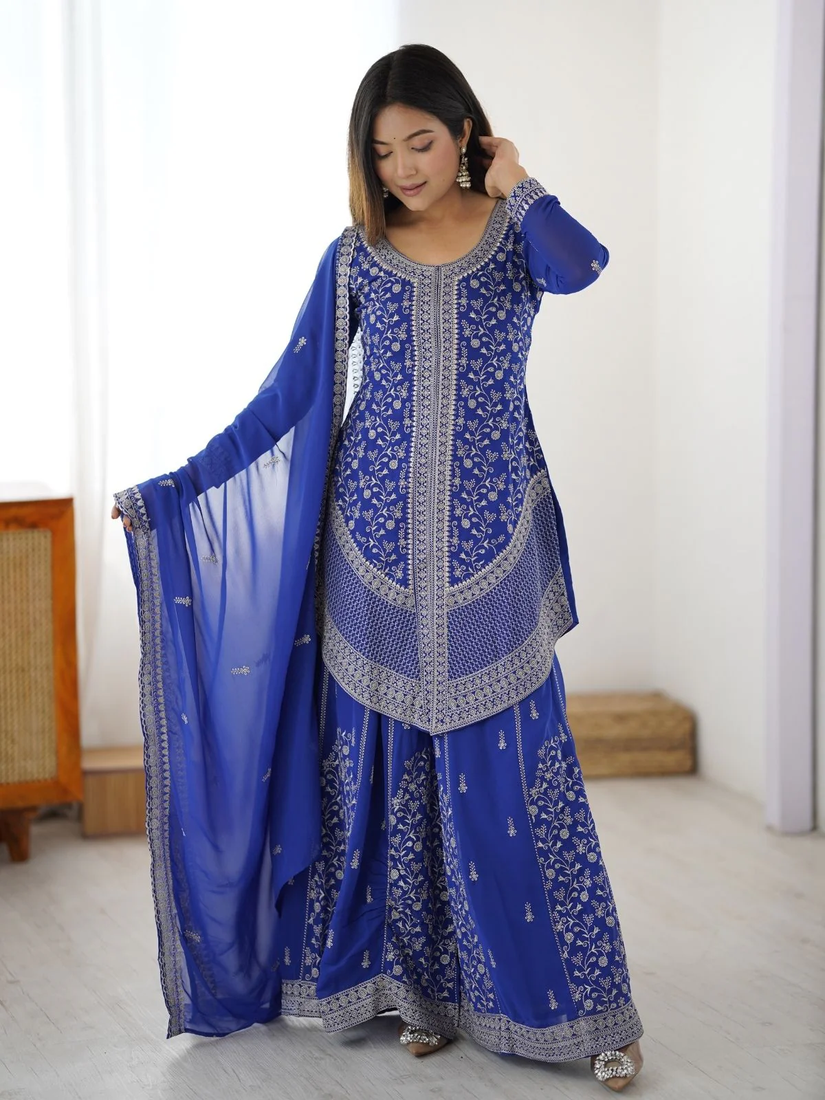 Odette Blue Georgette Sequins Embroidered Stitched Kurta Set For Women - Image 2