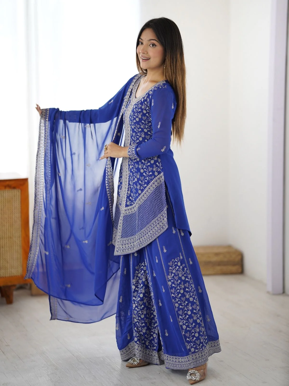 Odette Blue Georgette Sequins Embroidered Stitched Kurta Set For Women - Image 3