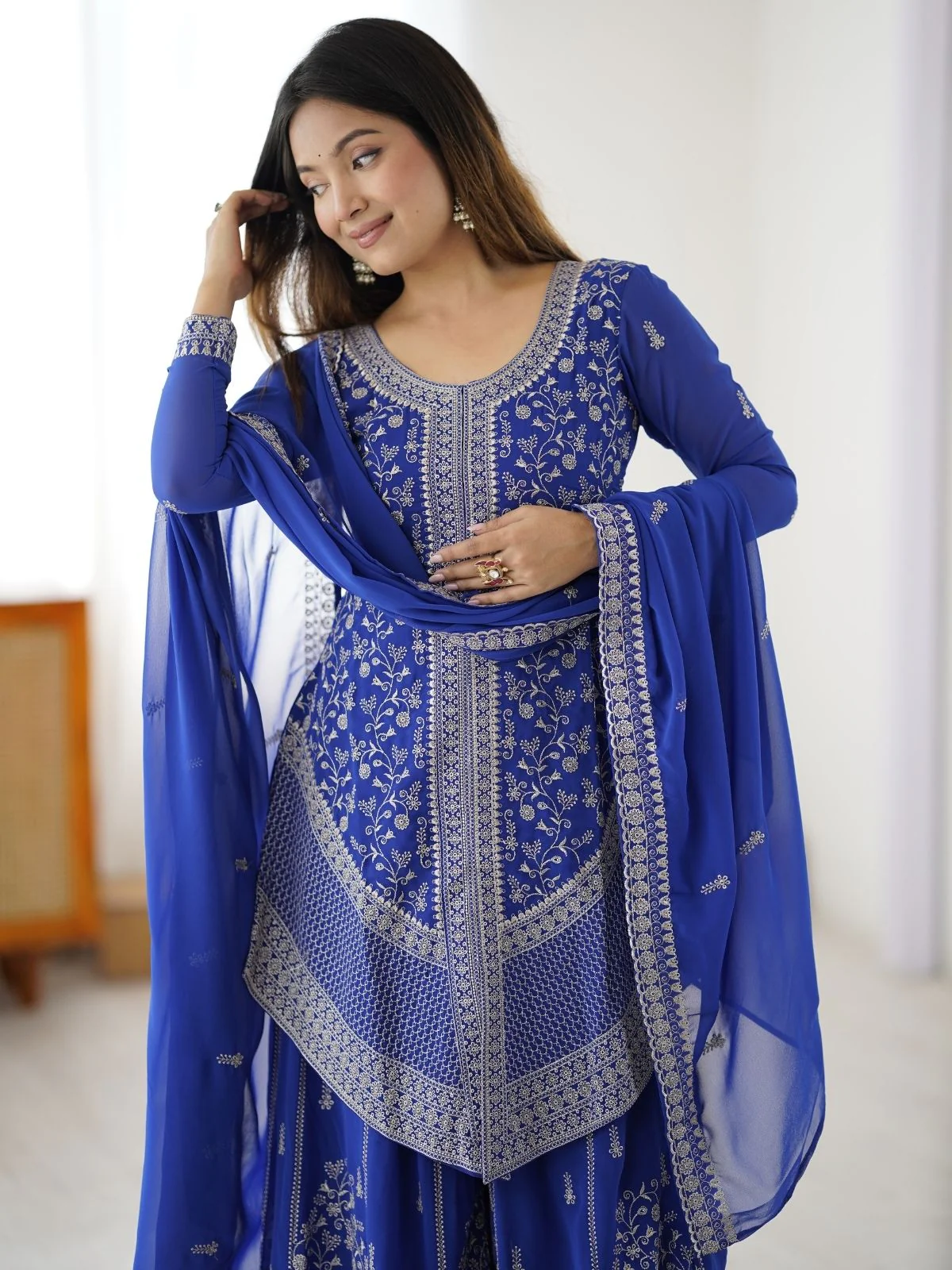 Odette Blue Georgette Sequins Embroidered Stitched Kurta Set For Women - Image 7