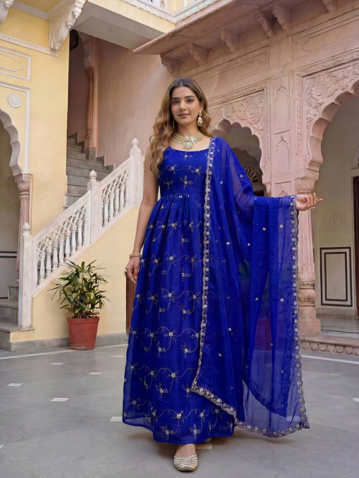 Odette Blue Georgette Solid Stitched Kurta Set For Women - Image 2