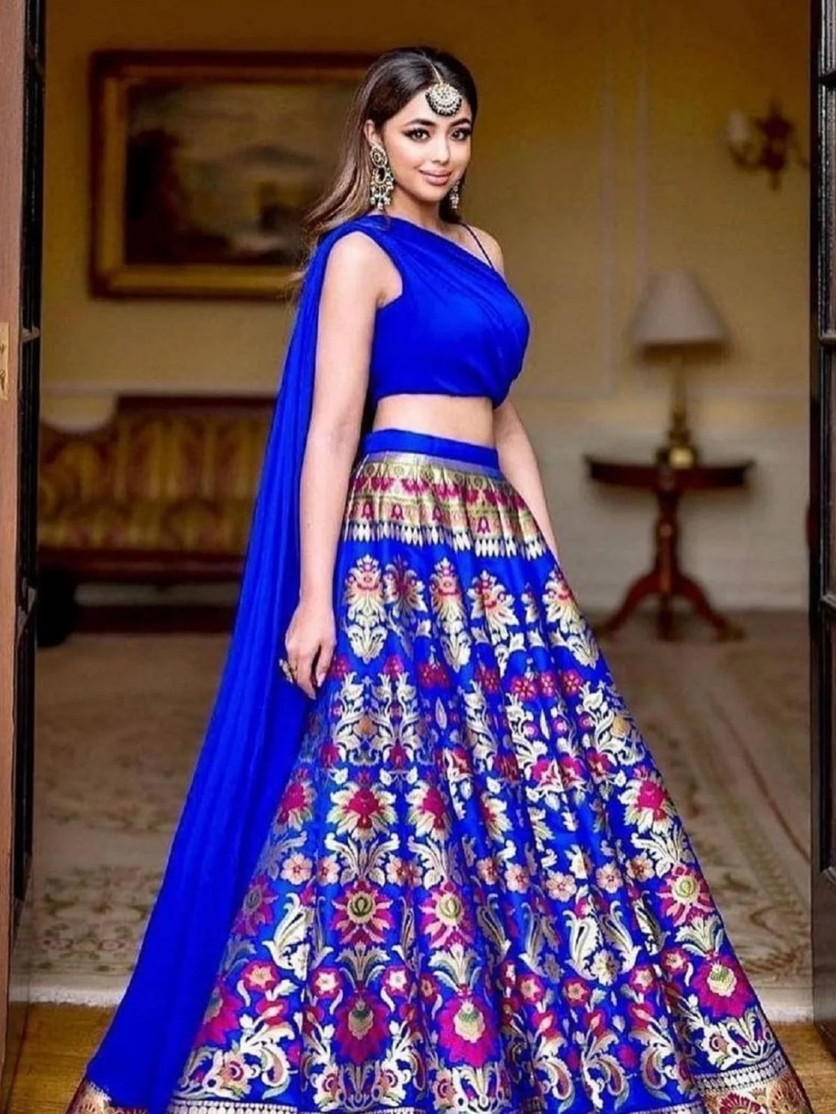 Odette Blue Jacquard Silk Woven Semi-Stitched Lehenga For Women - Image 2