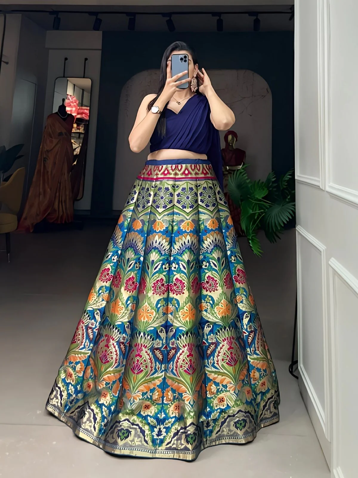Odette Blue Jacquard Silk Woven Semi-Stitched Lehenga For Women - Image 2