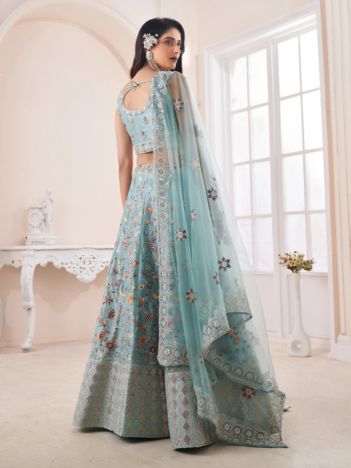Odette Blue Organza Blend Embroidered Semi Stitched Lehenga With Unstitched Blouse for Women - Image 3