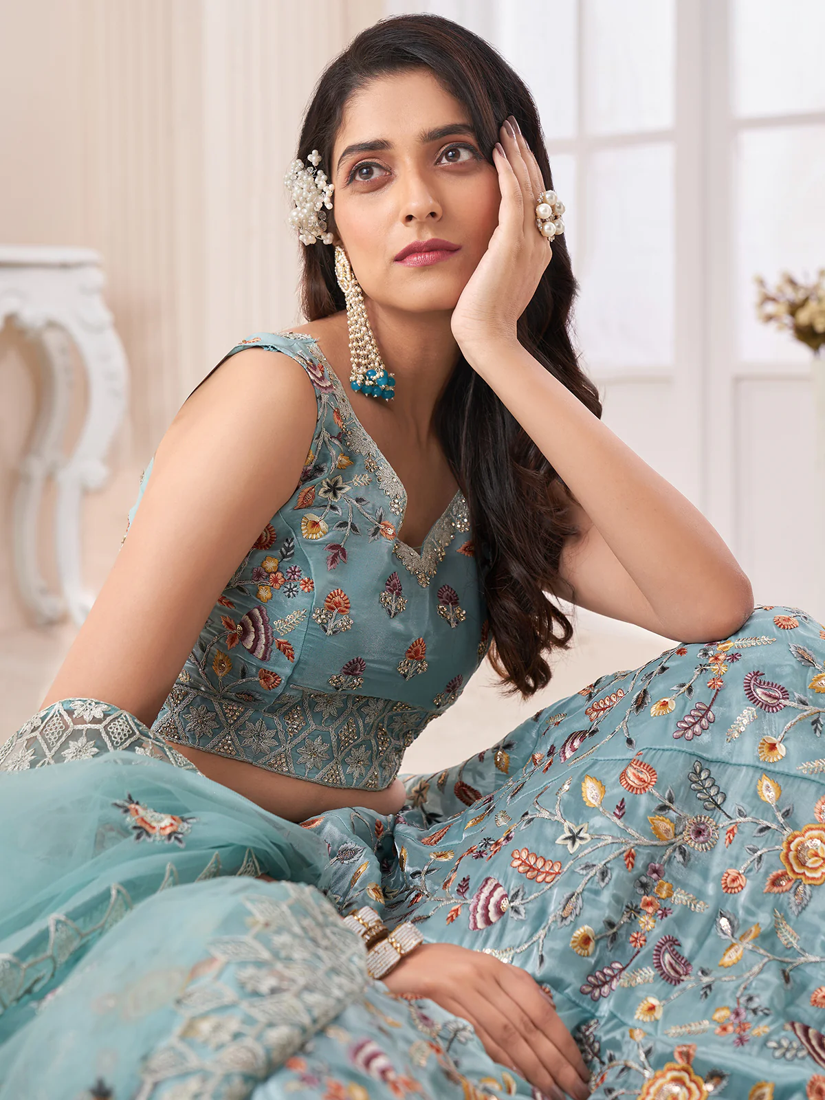 Odette Blue Organza Blend Embroidered Semi Stitched Lehenga With Unstitched Blouse for Women - Image 4