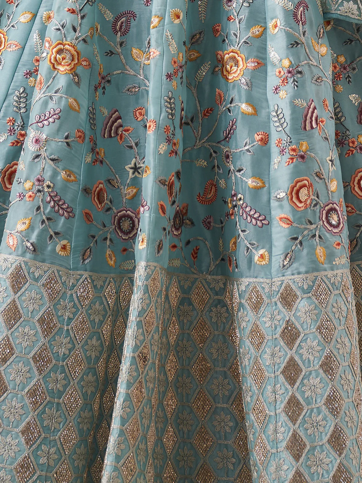 Odette Blue Organza Blend Embroidered Semi Stitched Lehenga With Unstitched Blouse for Women - Image 5