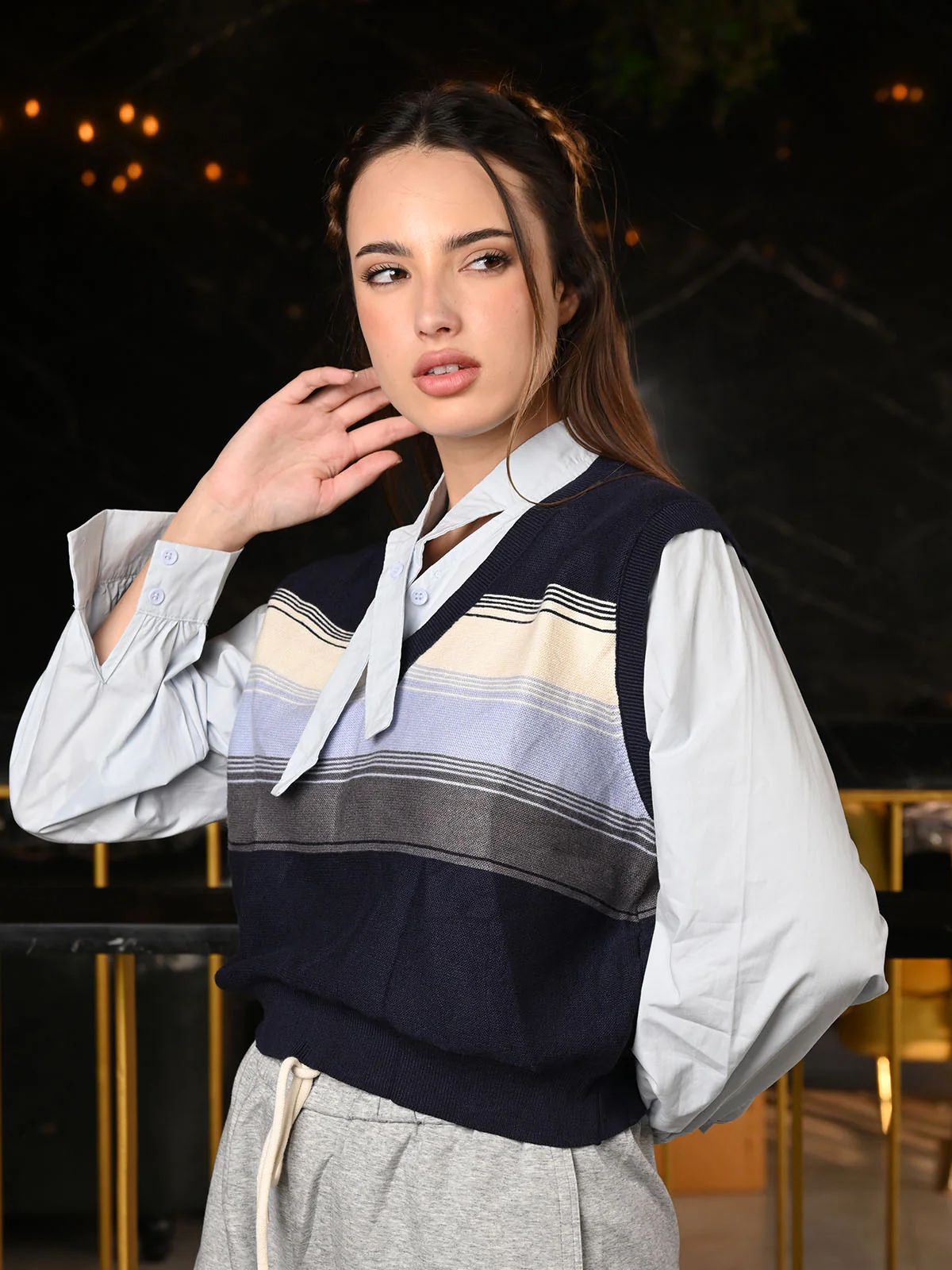 Odette Blue Knitted Outer With Poplin Shirt For Women - Image 4