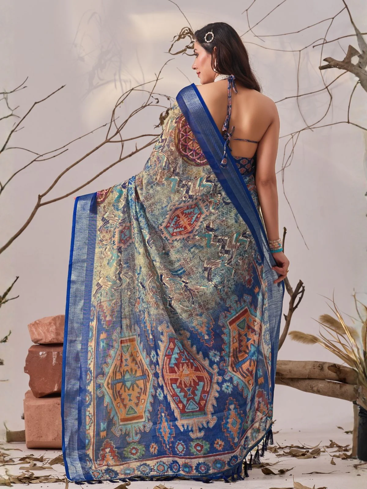 Odette Blue Linen Cotton Printed Saree For Women - Image 3