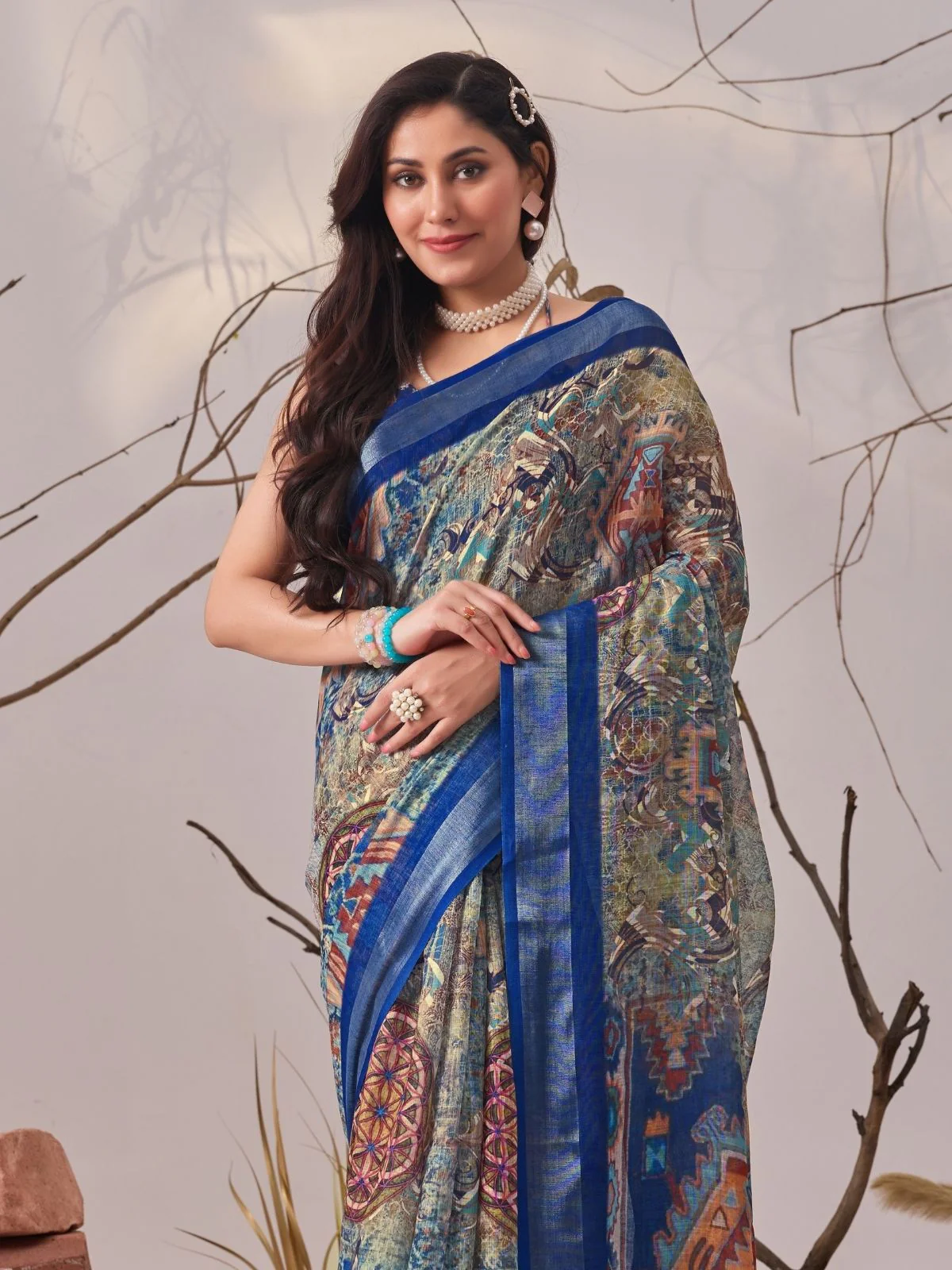 Odette Blue Linen Cotton Printed Saree For Women - Image 4