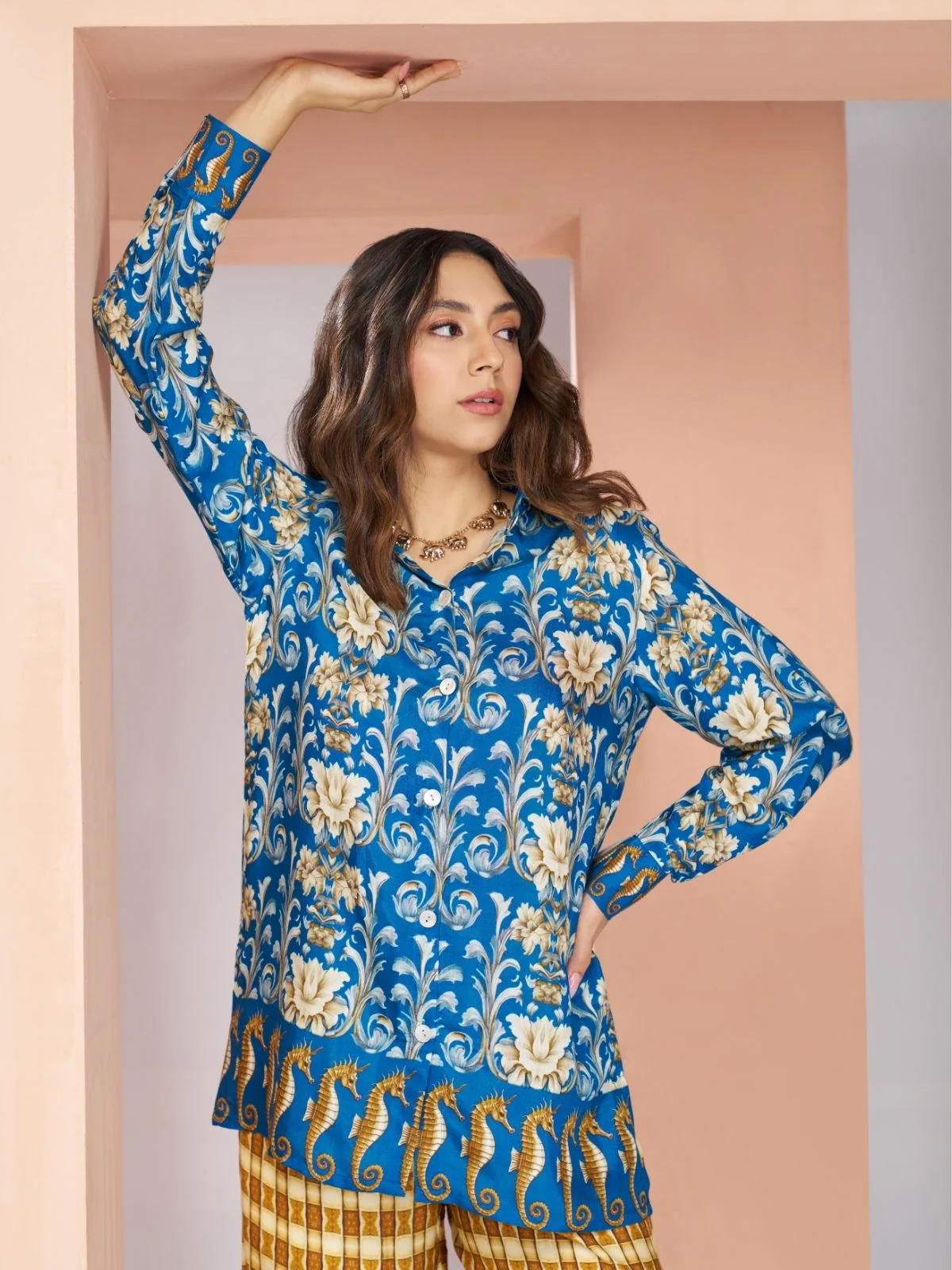 Odette Blue Linen Printed Stitched Co-Ord Set For Women - Image 6