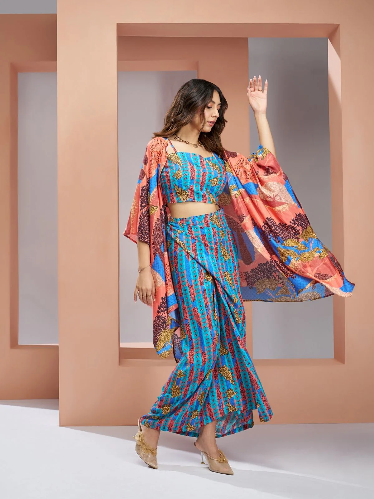 Odette Blue Linen Printed Stitched Co-Ord Set For Women - Image 3