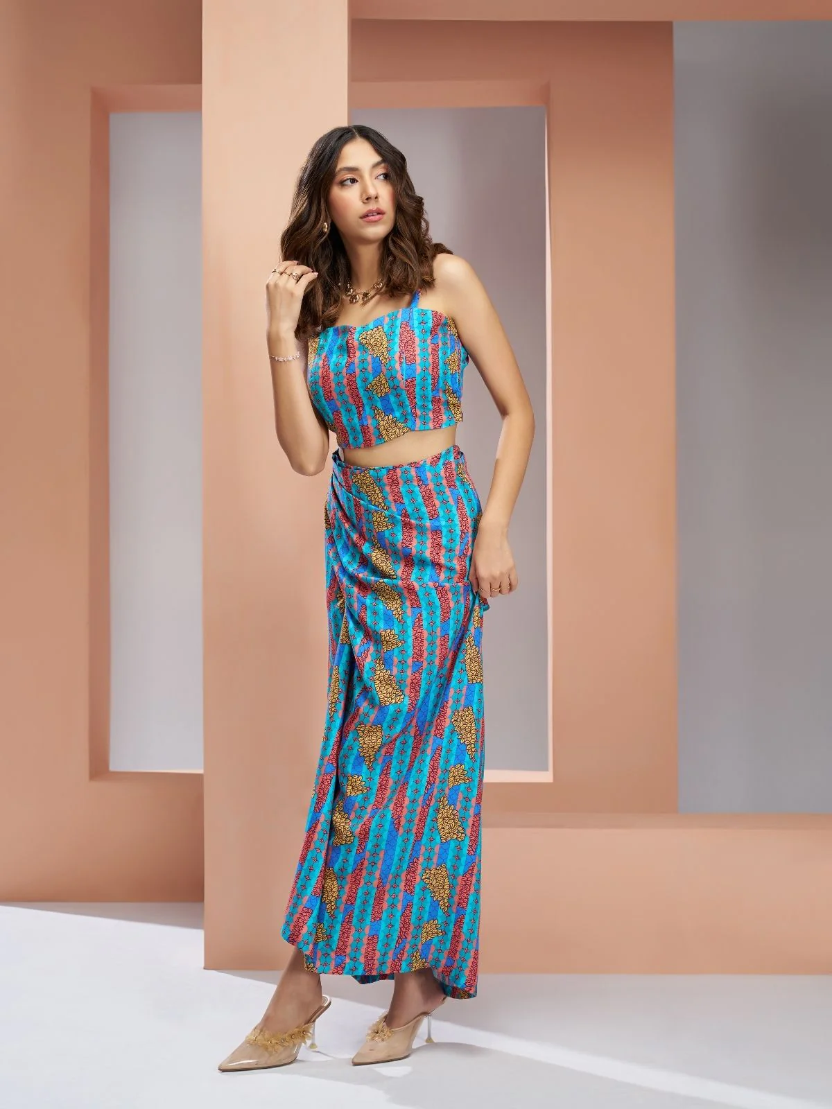 Odette Blue Linen Printed Stitched Co-Ord Set For Women - Image 5
