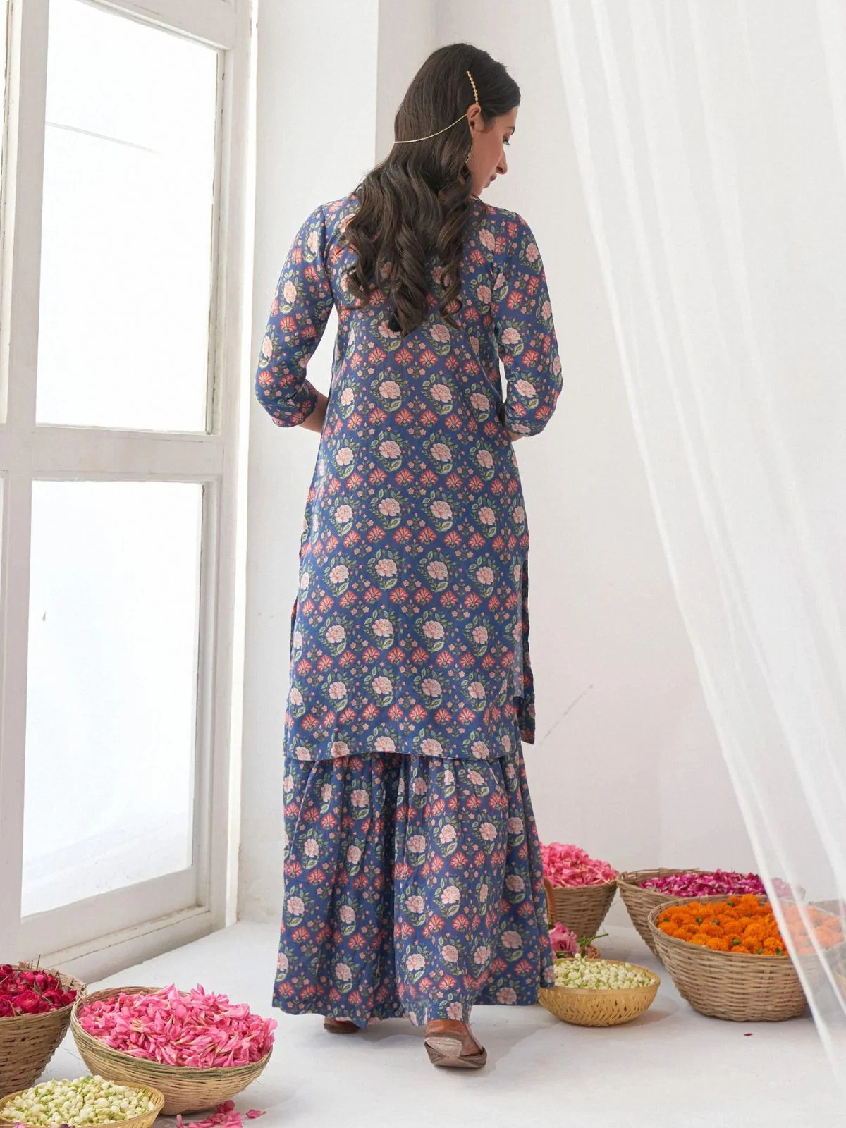 Odette Blue Muslin Printed Stitched Kurta Set For Women - Image 4